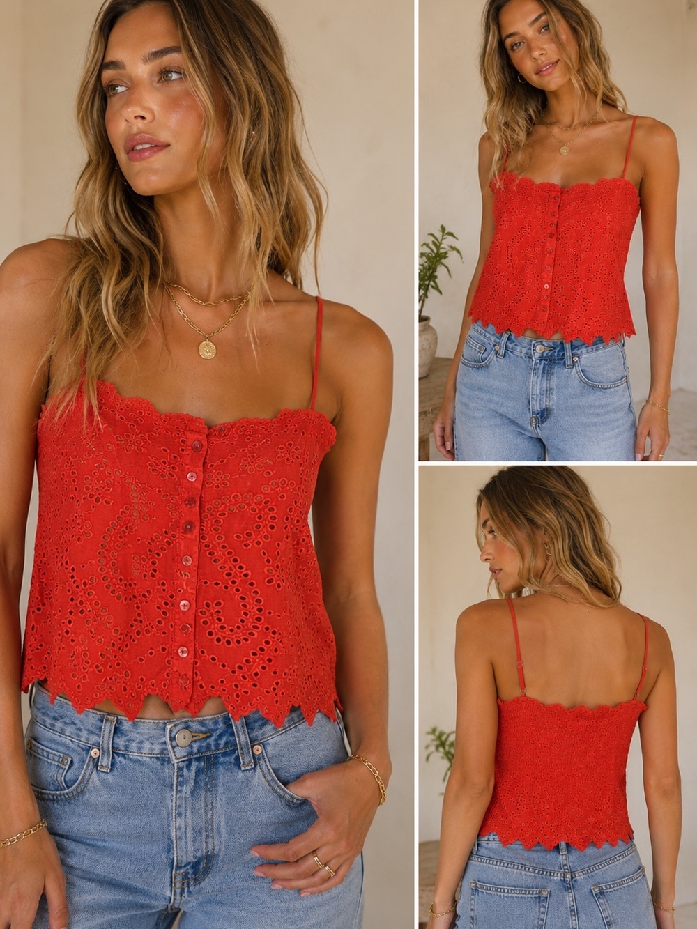 Free People FP One Coral Eyelet Crop Cami Tank Top XL NWT